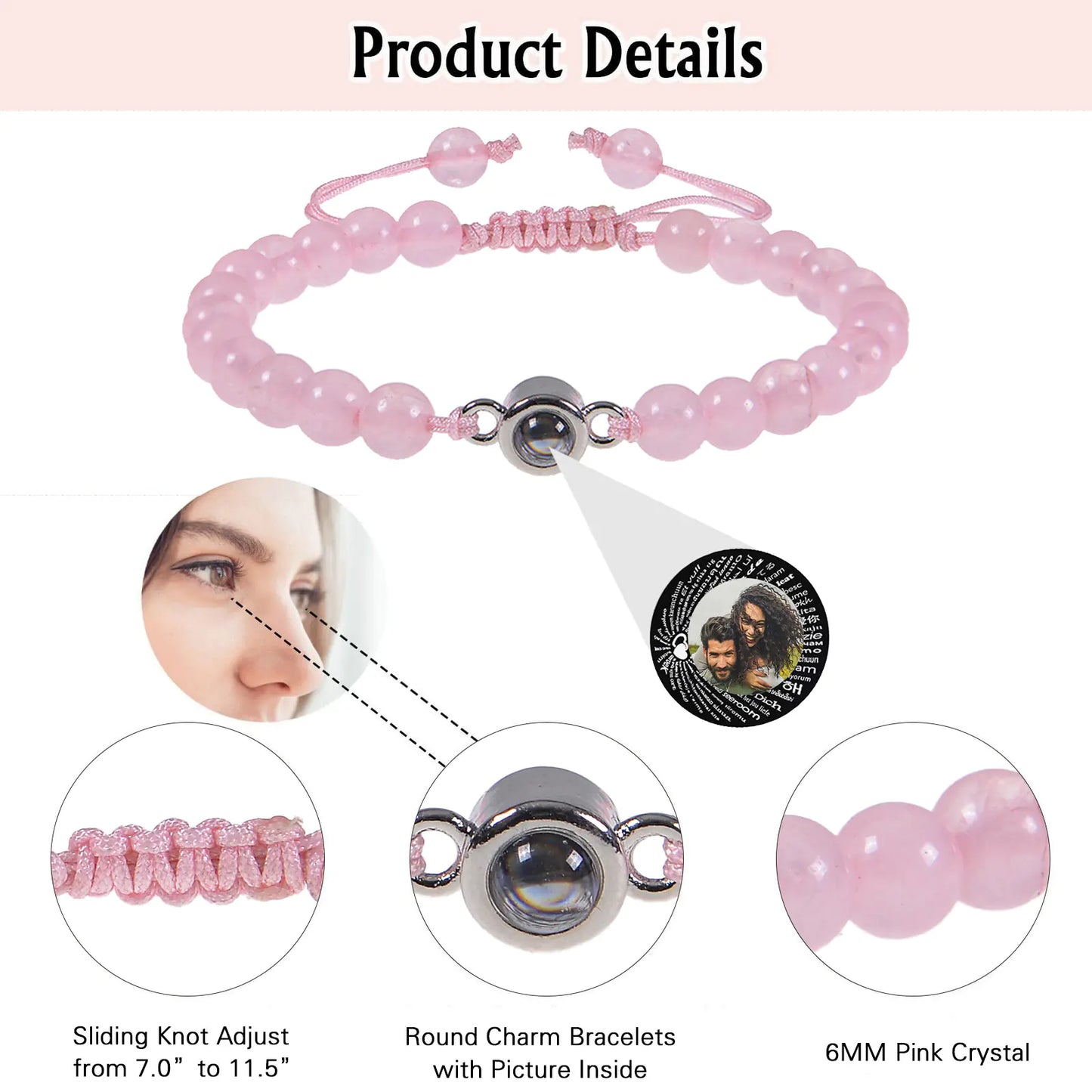 "Custom Photo Projection Bracelet in 100 Languages"