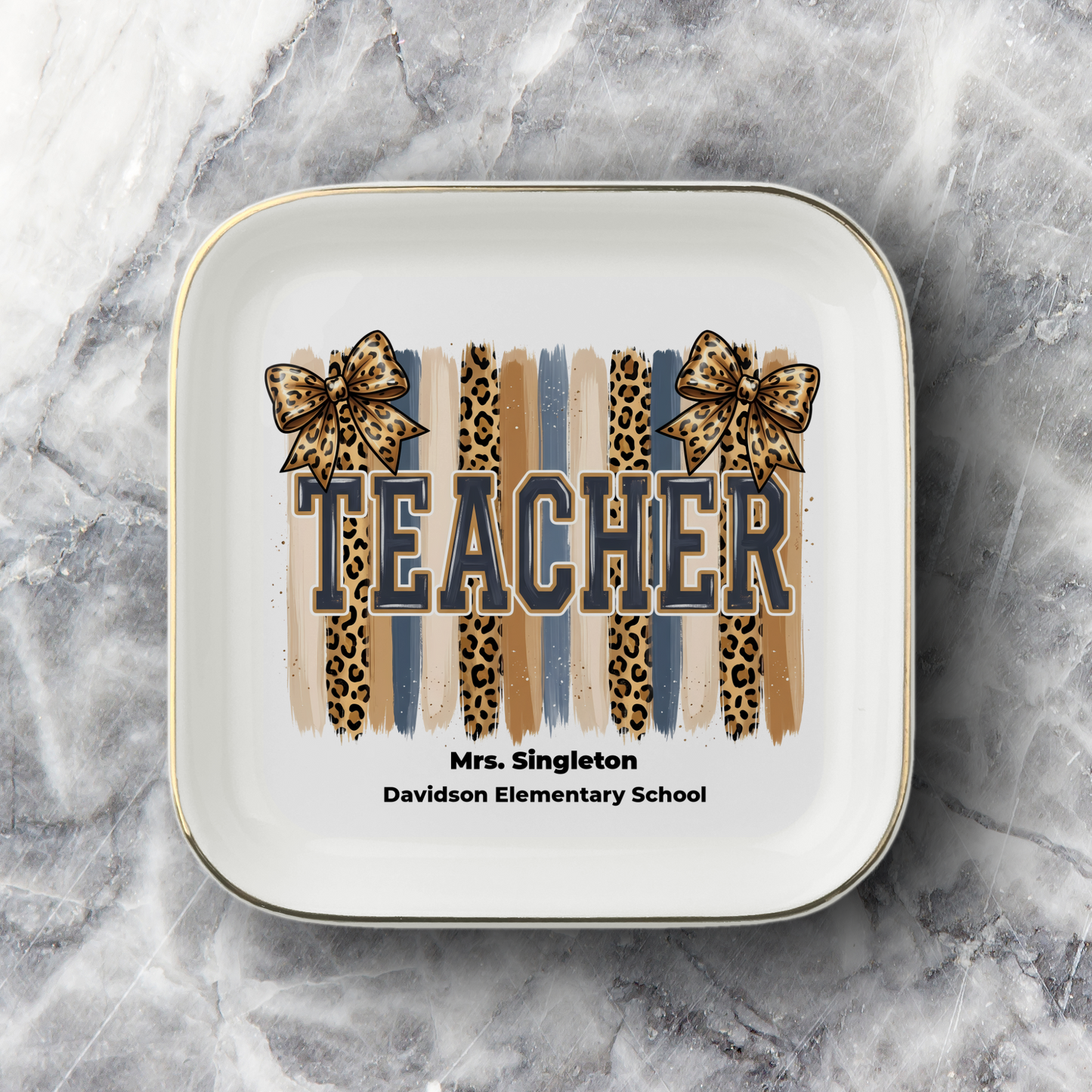 Personalized Leopard Varsity TEACHER Gift | Gold-Trim Ceramic Jewelry Dish