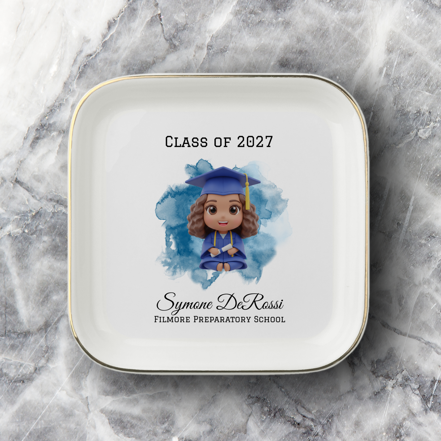 Personalized Graduation Trinket Tray | Gold-Trimmed Ceramic Jewelry Dish