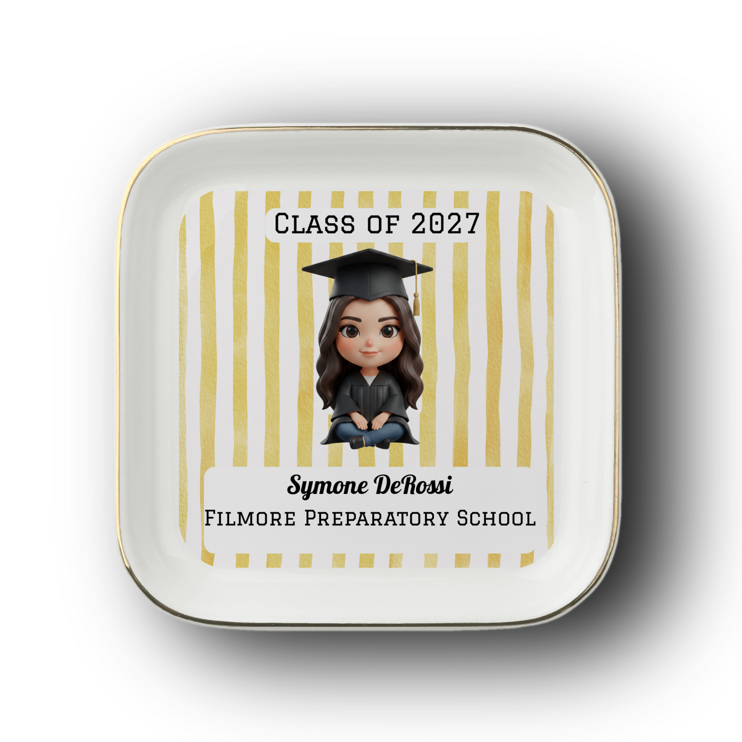 Custom Graduation Ring Dish (Black Cap & Gown) | Elegant Ceramic Keepsake Gift for Her