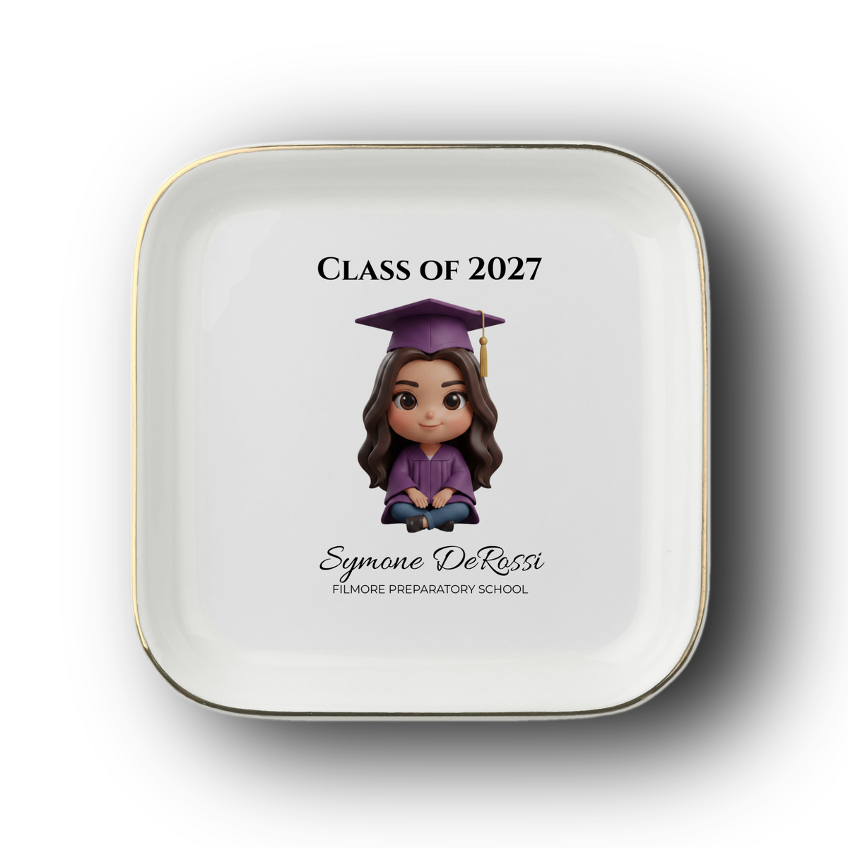 Custom Graduation Ring Dish (Purple Cap & Gown) | Elegant Ceramic Keepsake Gift for Her