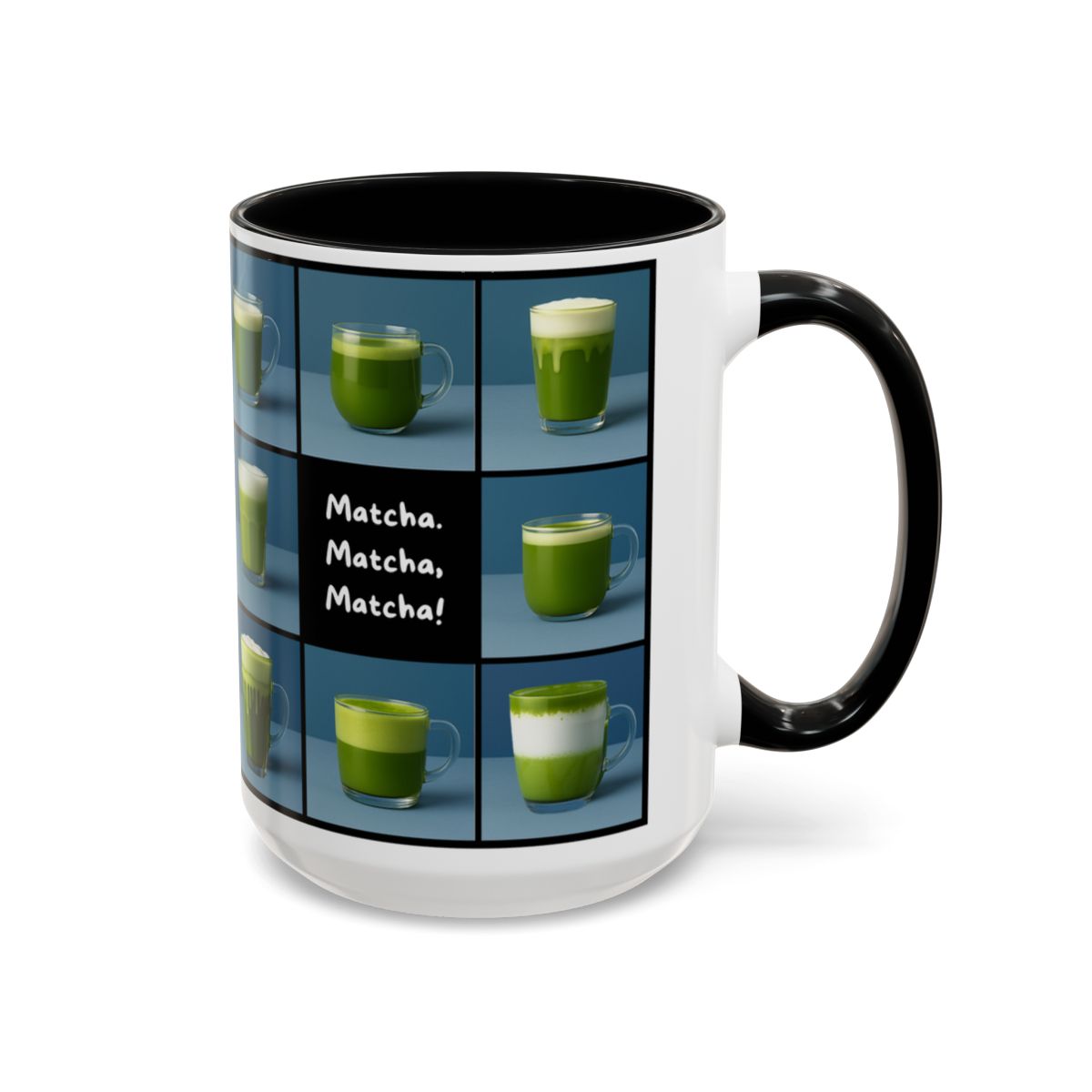 Mug with images of matcha tea and 'Matcha, Matcha, Matcha!' text on a white background