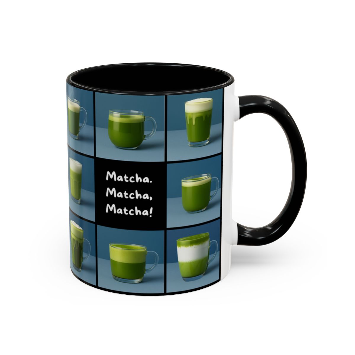 Mug with green tea graphics and 'Matcha, Matcha, Matcha!' text on a white background