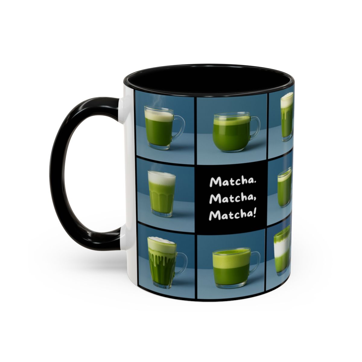 Mug with multiple images of matcha green tea and the word 'Matcha' on a blue background.