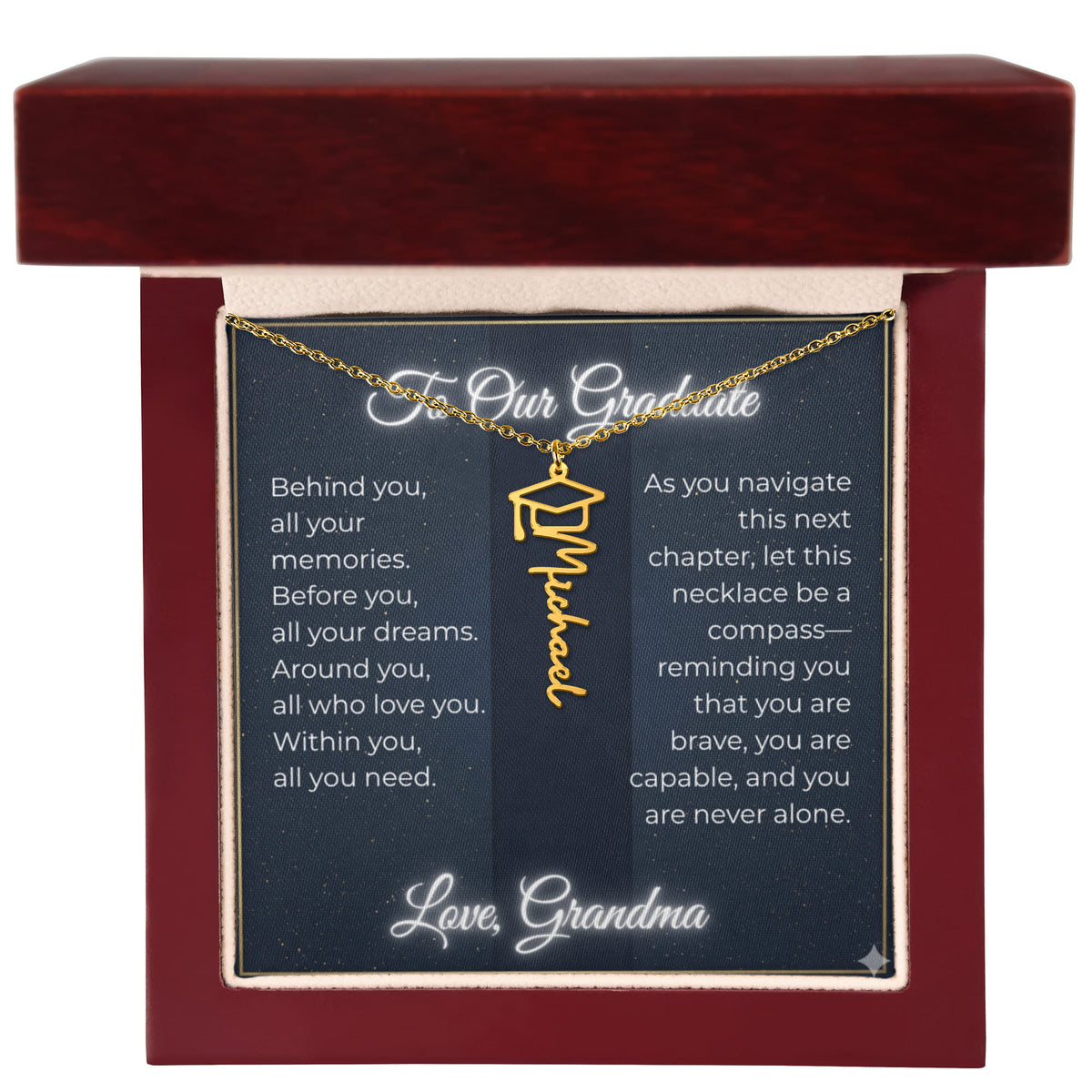Custom Class of 2027 Graduation Name Necklace | Vertical Pendant & Cap Icon (Grandma)