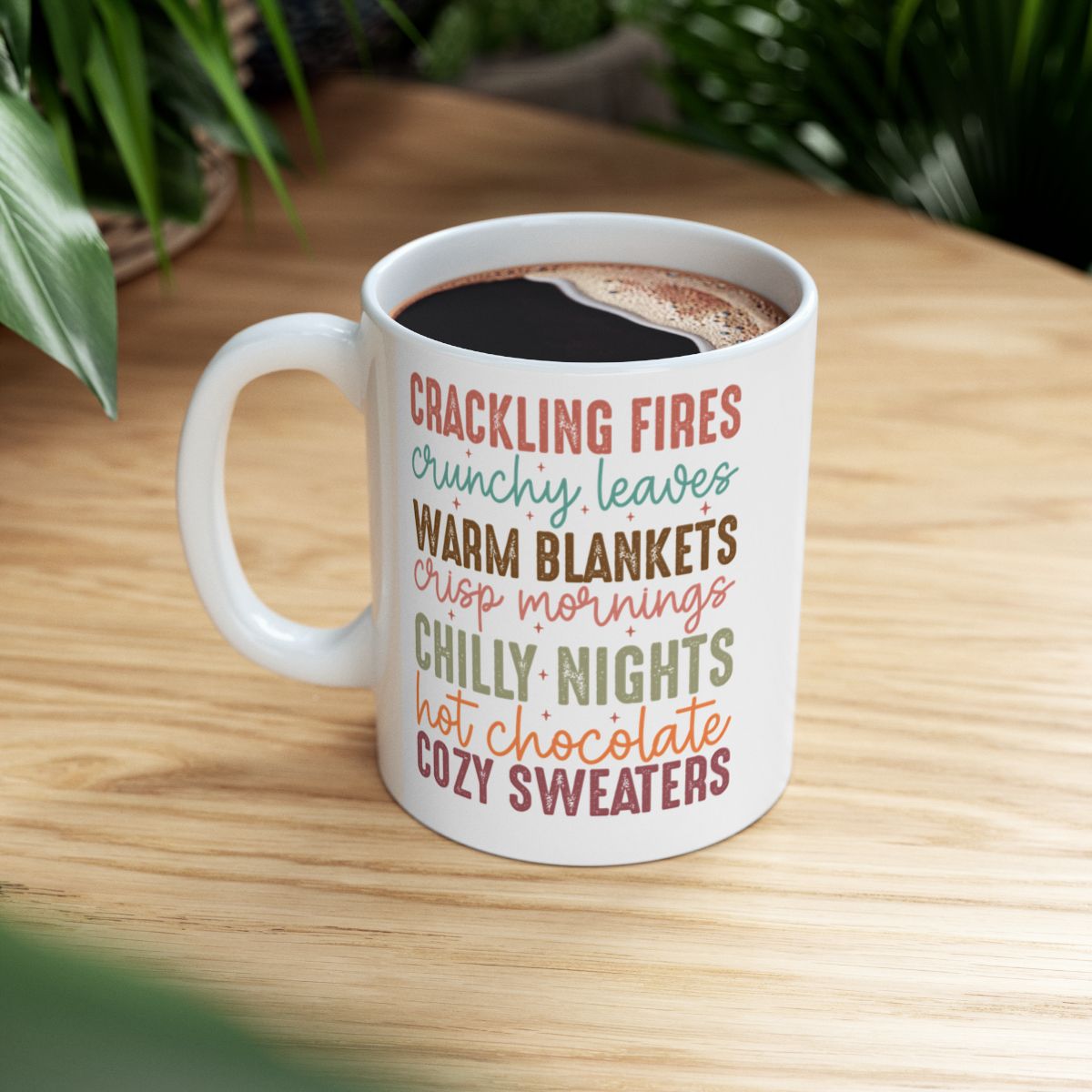 “Cozy Fall Vibes – Crackling Fires, Leaves & Hot Chocolate” Ceramic Mug, (11oz, 15oz)