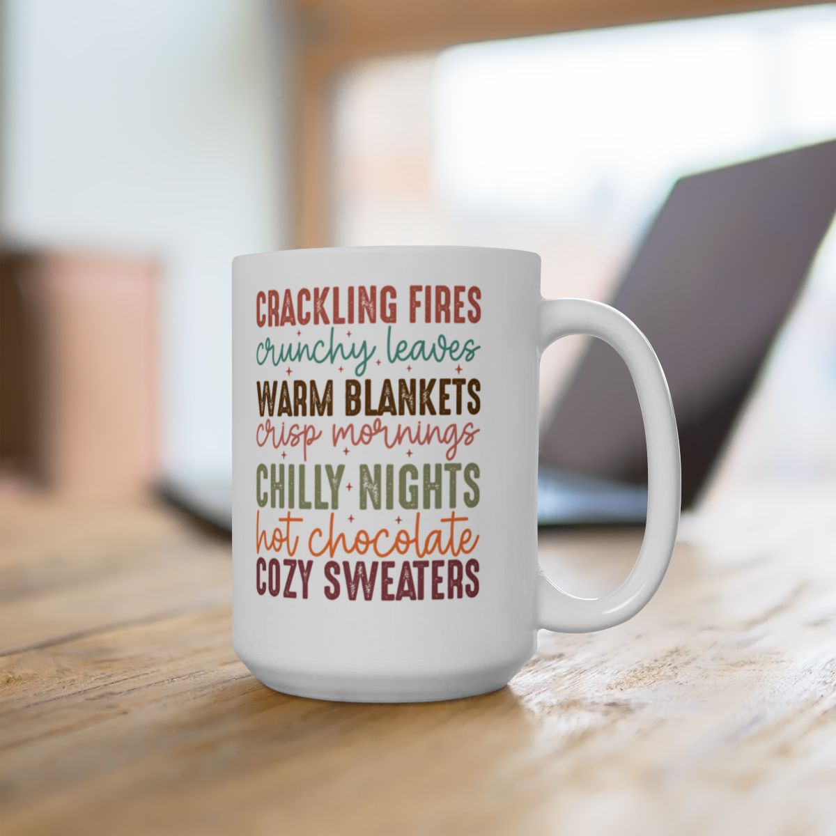 “Cozy Fall Vibes – Crackling Fires, Leaves & Hot Chocolate” Ceramic Mug, (11oz, 15oz)