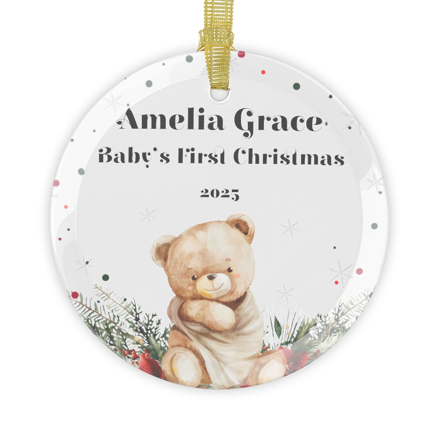 Personalized “Baby’s First Christmas” Glass Ornament | Custom Name & Year Keepsake – 3.5" Beveled Glass with Gold Ribbon