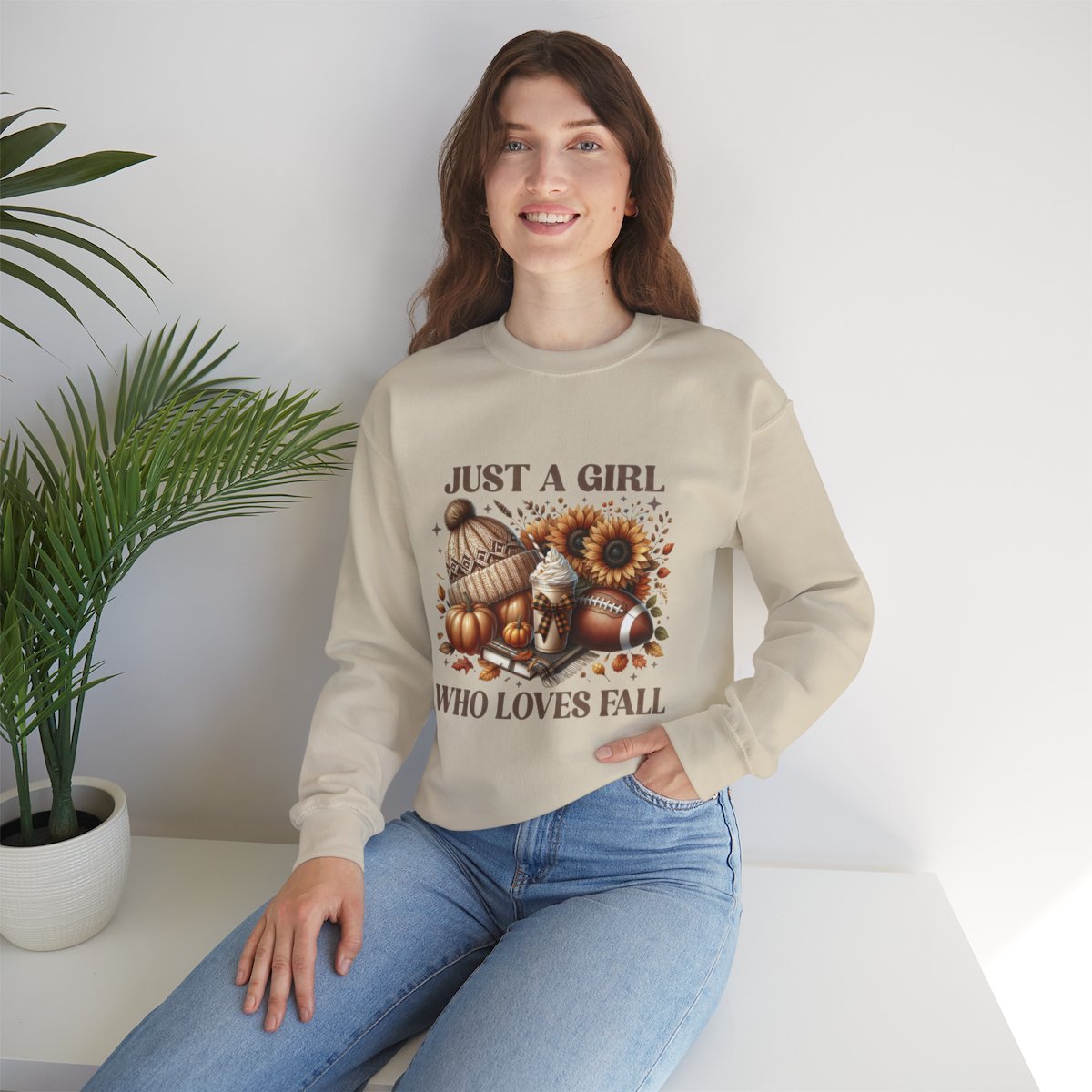 Just a Girl Who Loves Fall Sweatshirt – Cozy Autumn Crewneck with Pumpkins, Latte, and Football