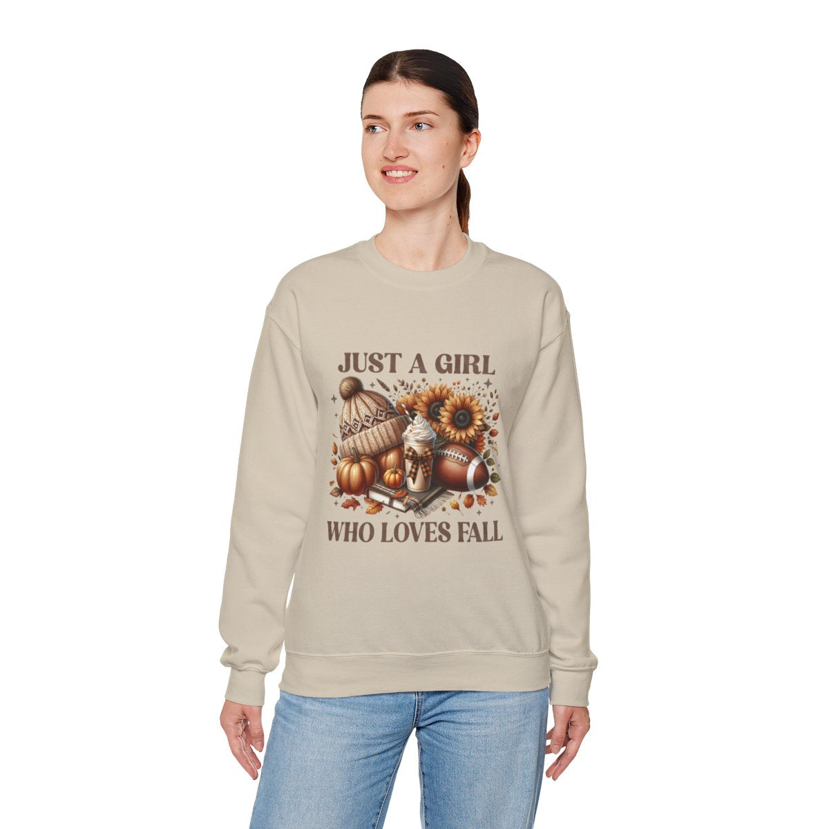 Just a Girl Who Loves Fall Sweatshirt – Cozy Autumn Crewneck with Pumpkins, Latte, and Football