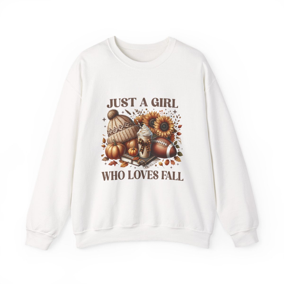 Just a Girl Who Loves Fall Sweatshirt – Cozy Autumn Crewneck with Pumpkins, Latte, and Football
