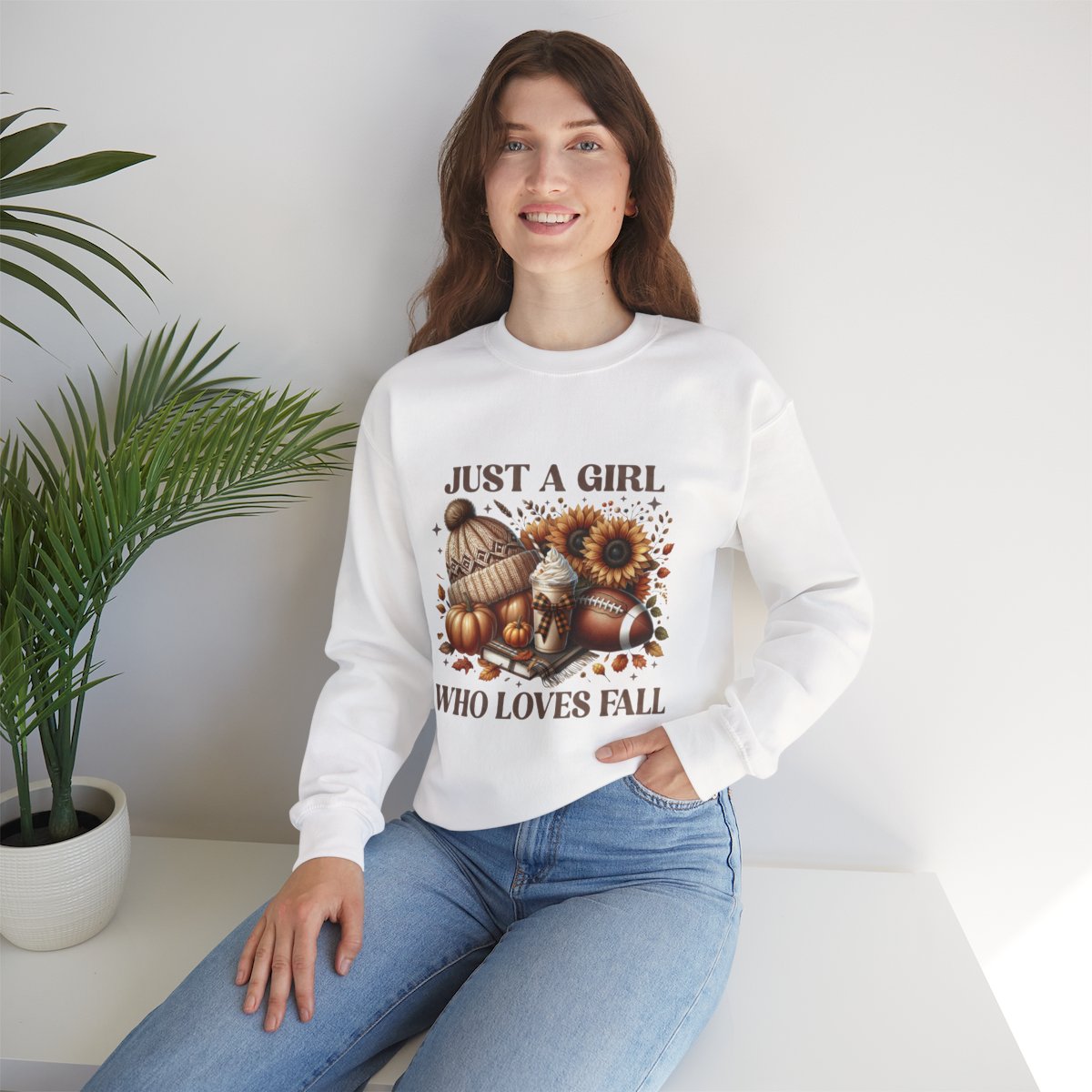 Just a Girl Who Loves Fall Sweatshirt – Cozy Autumn Crewneck with Pumpkins, Latte, and Football