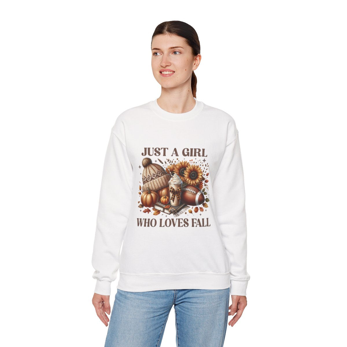 Just a Girl Who Loves Fall Sweatshirt – Cozy Autumn Crewneck with Pumpkins, Latte, and Football