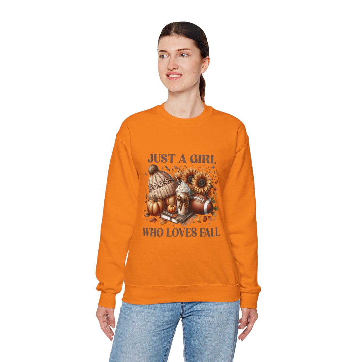 Just a Girl Who Loves Fall Sweatshirt – Cozy Autumn Crewneck with Pumpkins, Latte, and Football