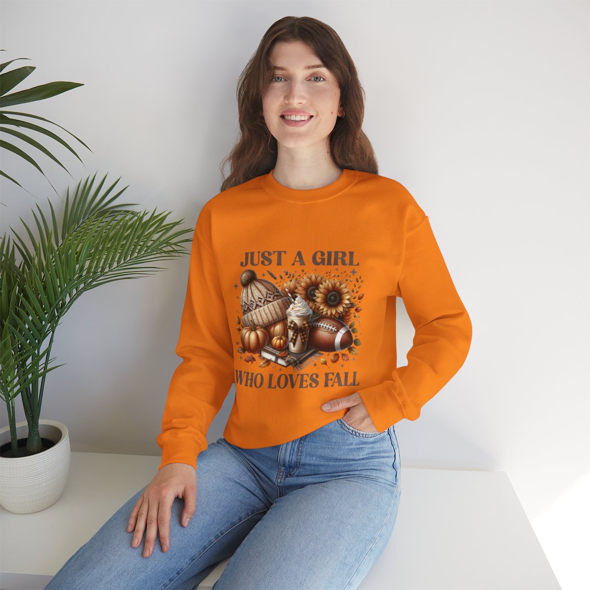 Just a Girl Who Loves Fall Sweatshirt – Cozy Autumn Crewneck with Pumpkins, Latte, and Football