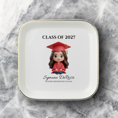 Custom Graduation Ring Dish (Red Cap & Gown) | Elegant Ceramic Keepsake Gift for Her