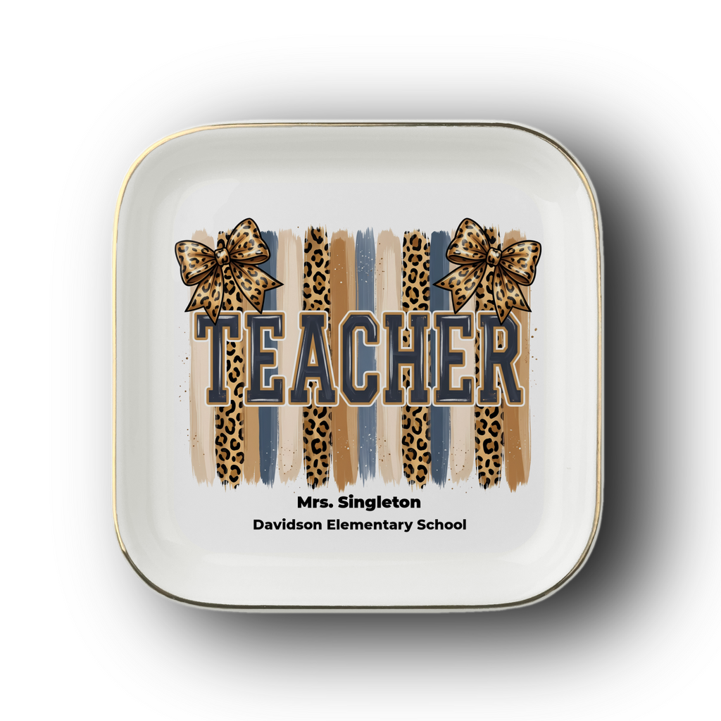 Personalized Leopard Varsity TEACHER Gift | Gold-Trim Ceramic Jewelry Dish