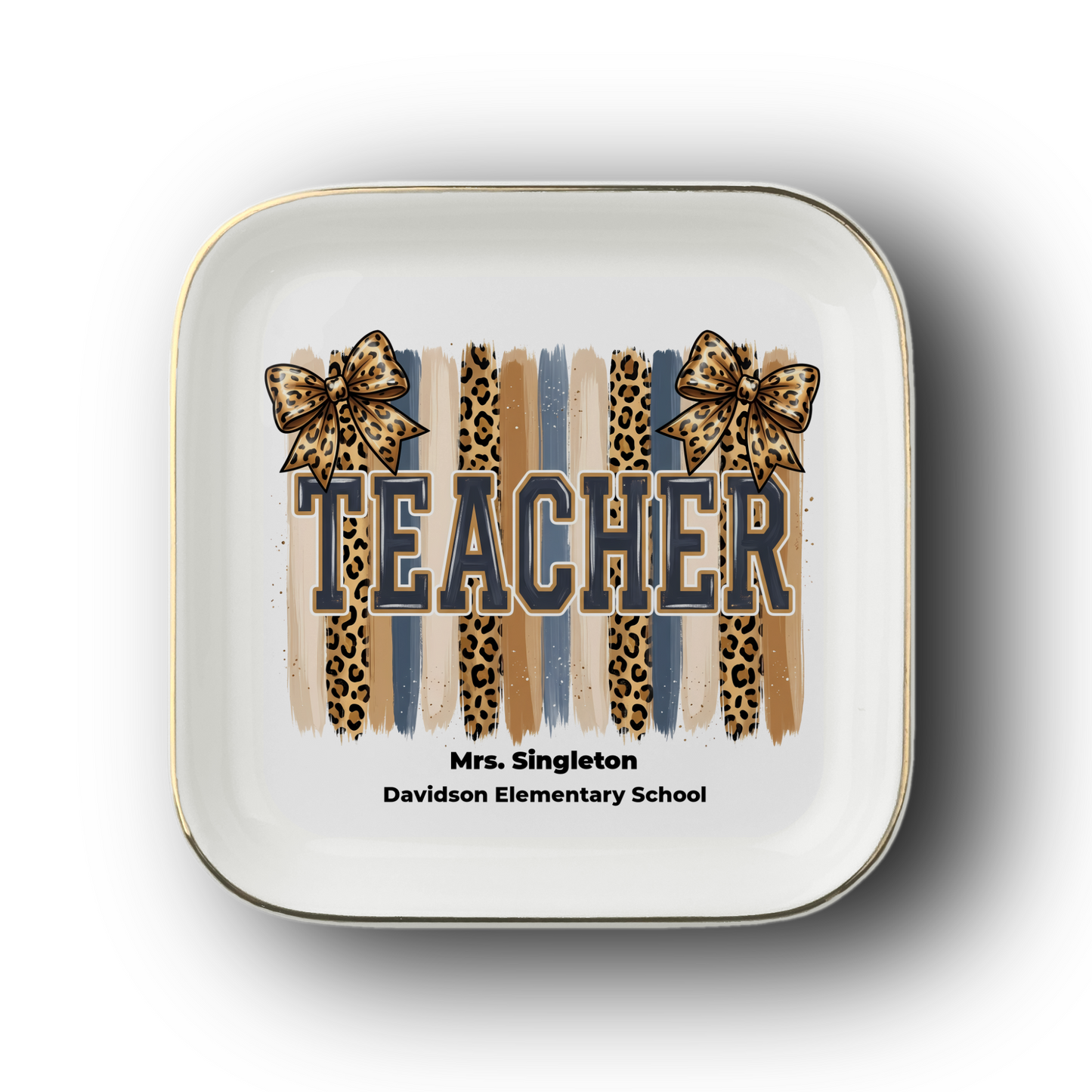 Personalized Leopard Varsity TEACHER Gift | Gold-Trim Ceramic Jewelry Dish