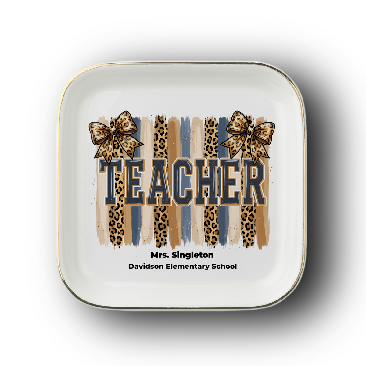 Personalized Leopard Varsity TEACHER Gift | Gold-Trim Ceramic Jewelry Dish