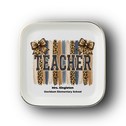 Personalized Leopard Varsity TEACHER Gift | Gold-Trim Ceramic Jewelry Dish
