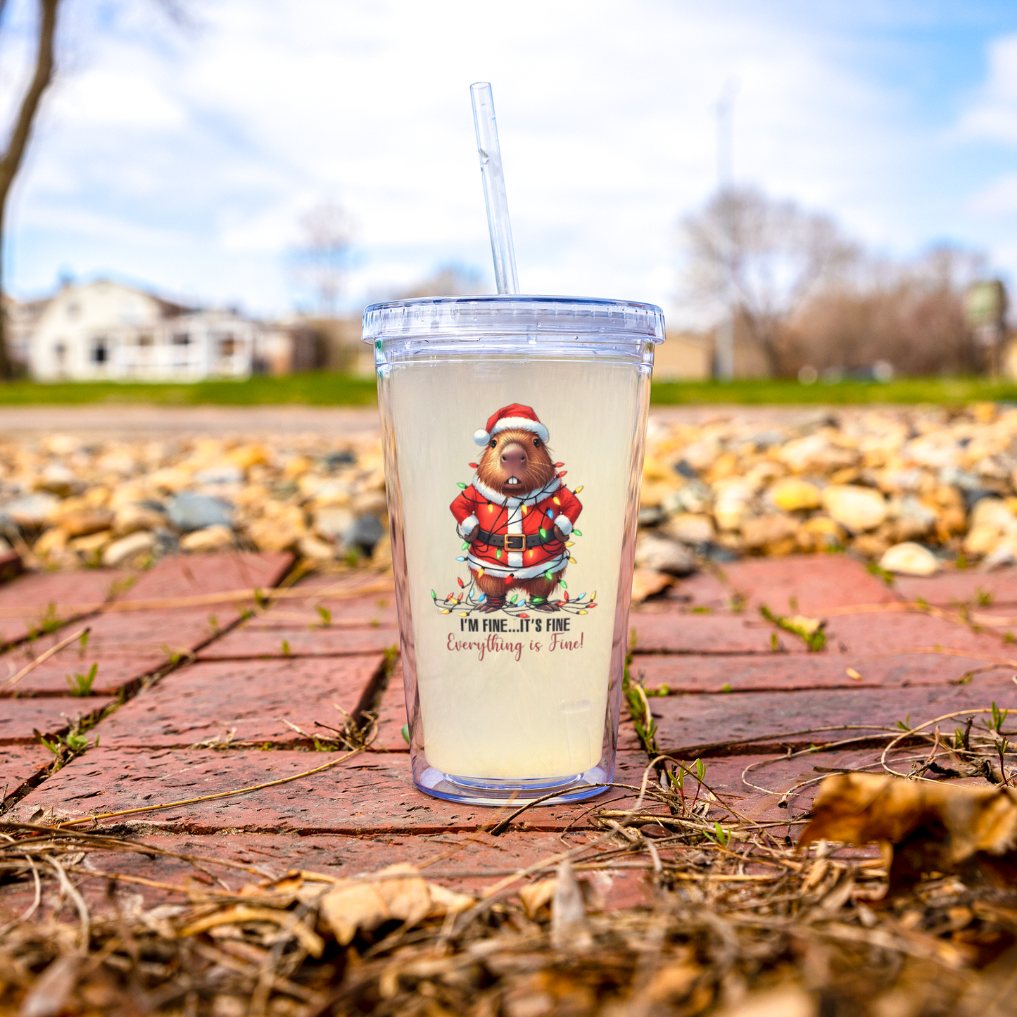 Funny Capybara Christmas Tumbler – “It’s Fine, I’m Fine, Everything’s Fine” 16oz Double Wall Acrylic Cup with Straw | Holiday Gift for Coffee & Cocoa Lovers