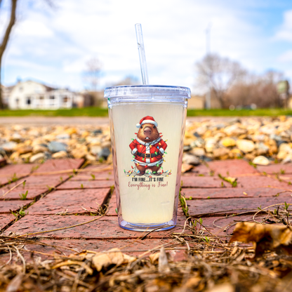 Funny Capybara Christmas Tumbler – “It’s Fine, I’m Fine, Everything’s Fine” 16oz Double Wall Acrylic Cup with Straw | Holiday Gift for Coffee & Cocoa Lovers