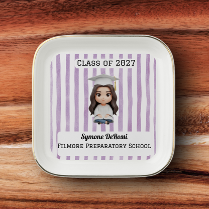Custom Graduation Ring Dish (White Cap & Gown) | Elegant Ceramic Keepsake Gift for Her