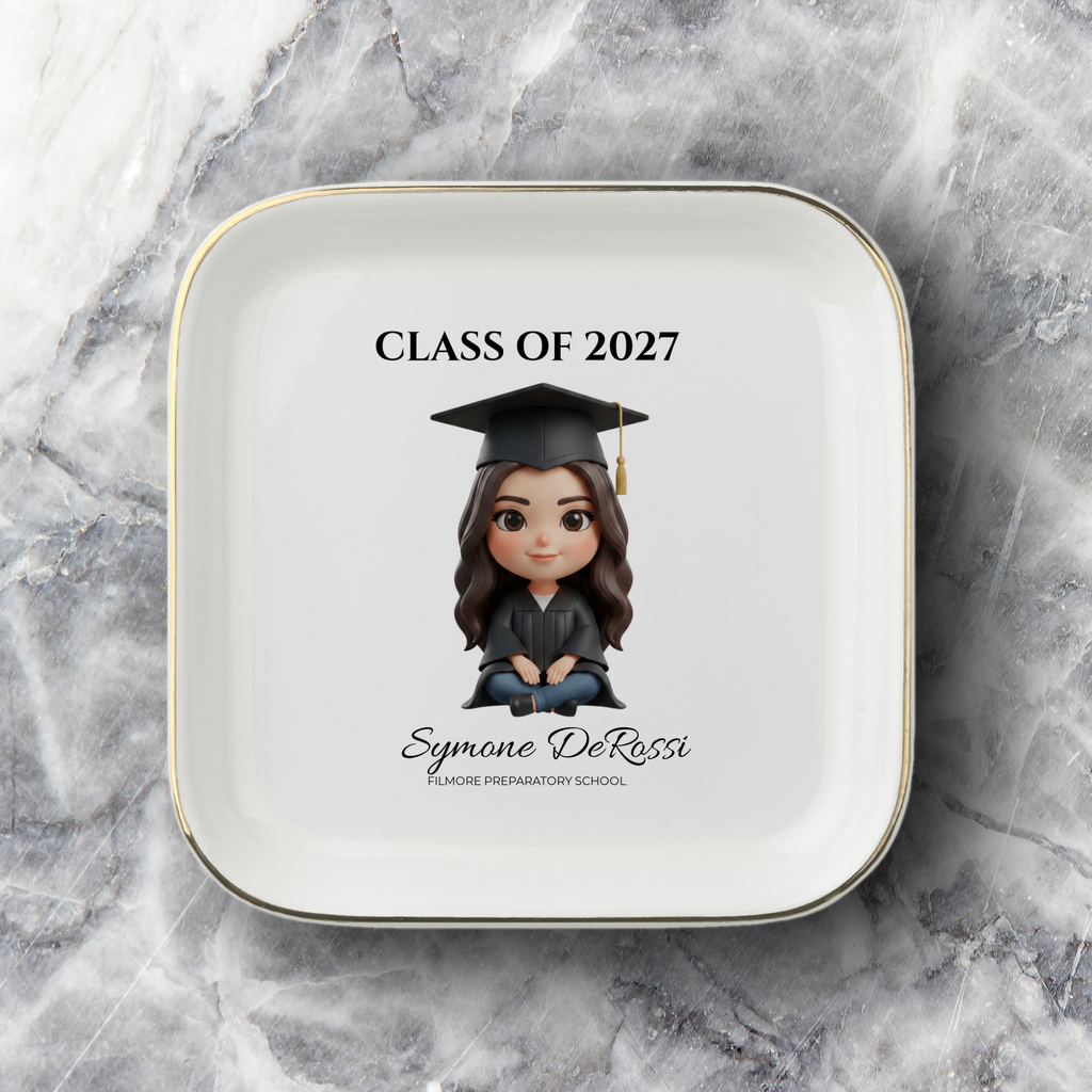 Custom Graduation Ring Dish (Black Cap & Gown) | Elegant Ceramic Keepsake Gift for Her