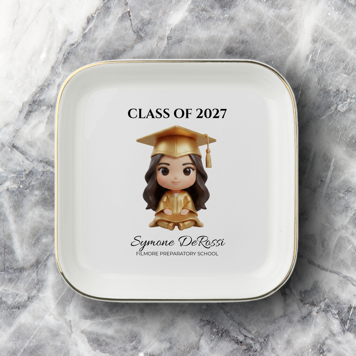 Custom Graduation Ring Dish (Gold Cap & Gown) | Elegant Ceramic Keepsake Gift for Her