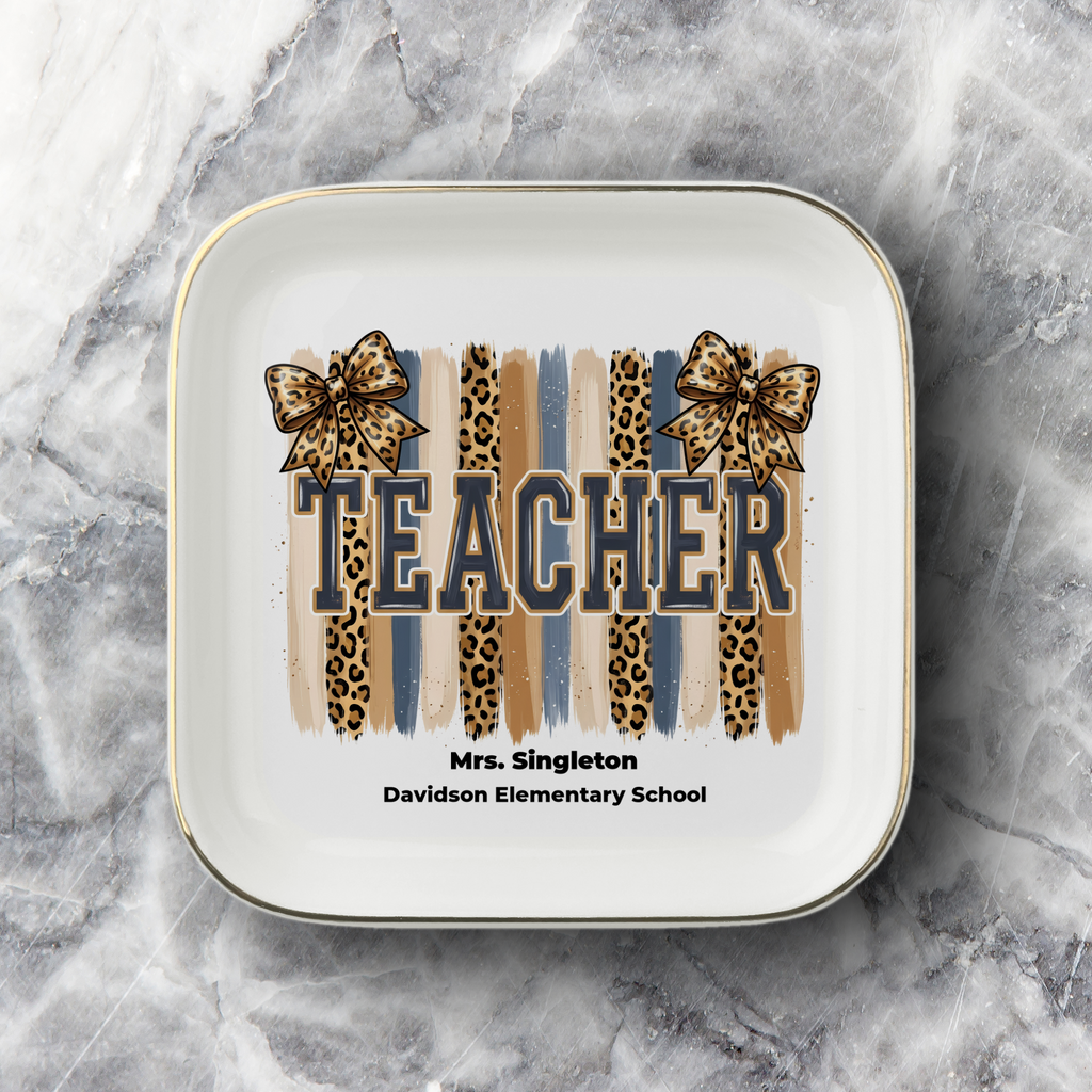 Personalized Leopard Varsity TEACHER Gift | Gold-Trim Ceramic Jewelry Dish
