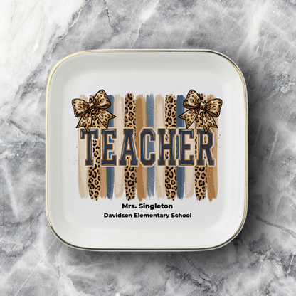 Personalized Leopard Varsity TEACHER Gift | Gold-Trim Ceramic Jewelry Dish