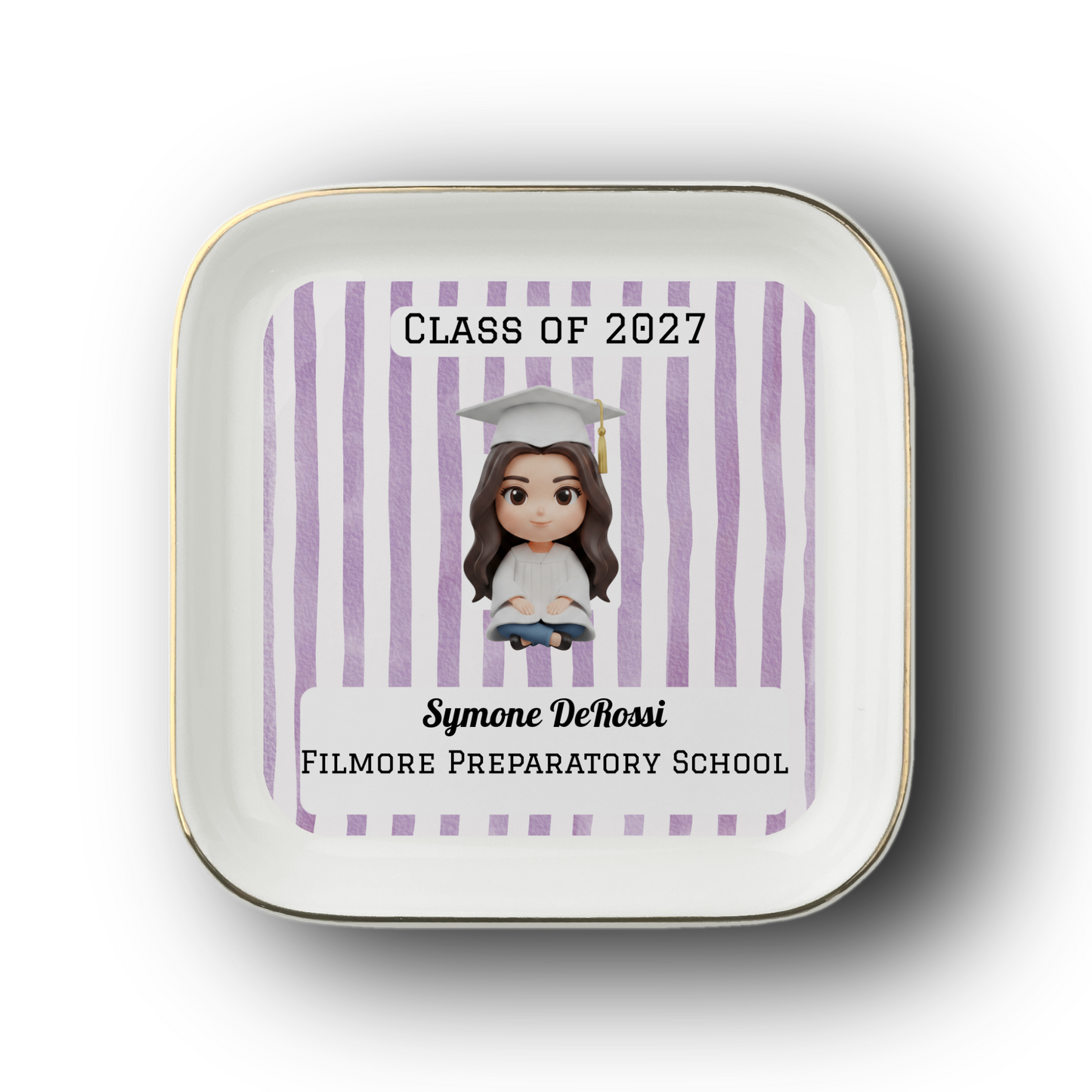 Custom Graduation Ring Dish (White Cap & Gown) | Elegant Ceramic Keepsake Gift for Her