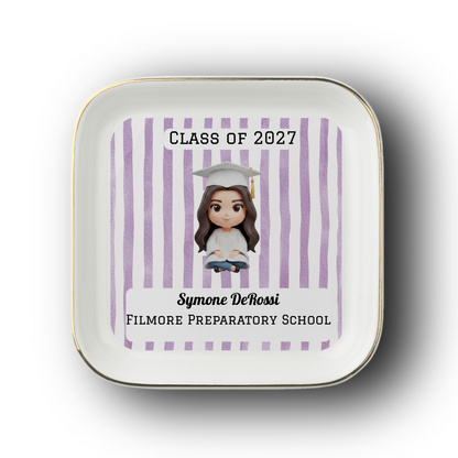 Custom Graduation Ring Dish (White Cap & Gown) | Elegant Ceramic Keepsake Gift for Her