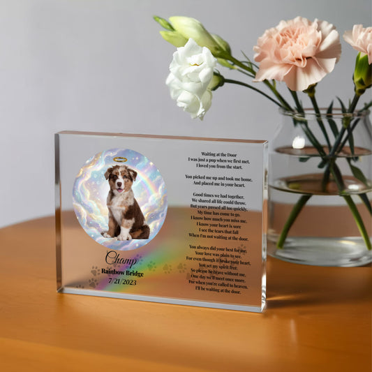 Personalized Pet Memorial Acrylic Plaque – “Waiting At The Door” Poem | Custom Photo Sympathy Gift