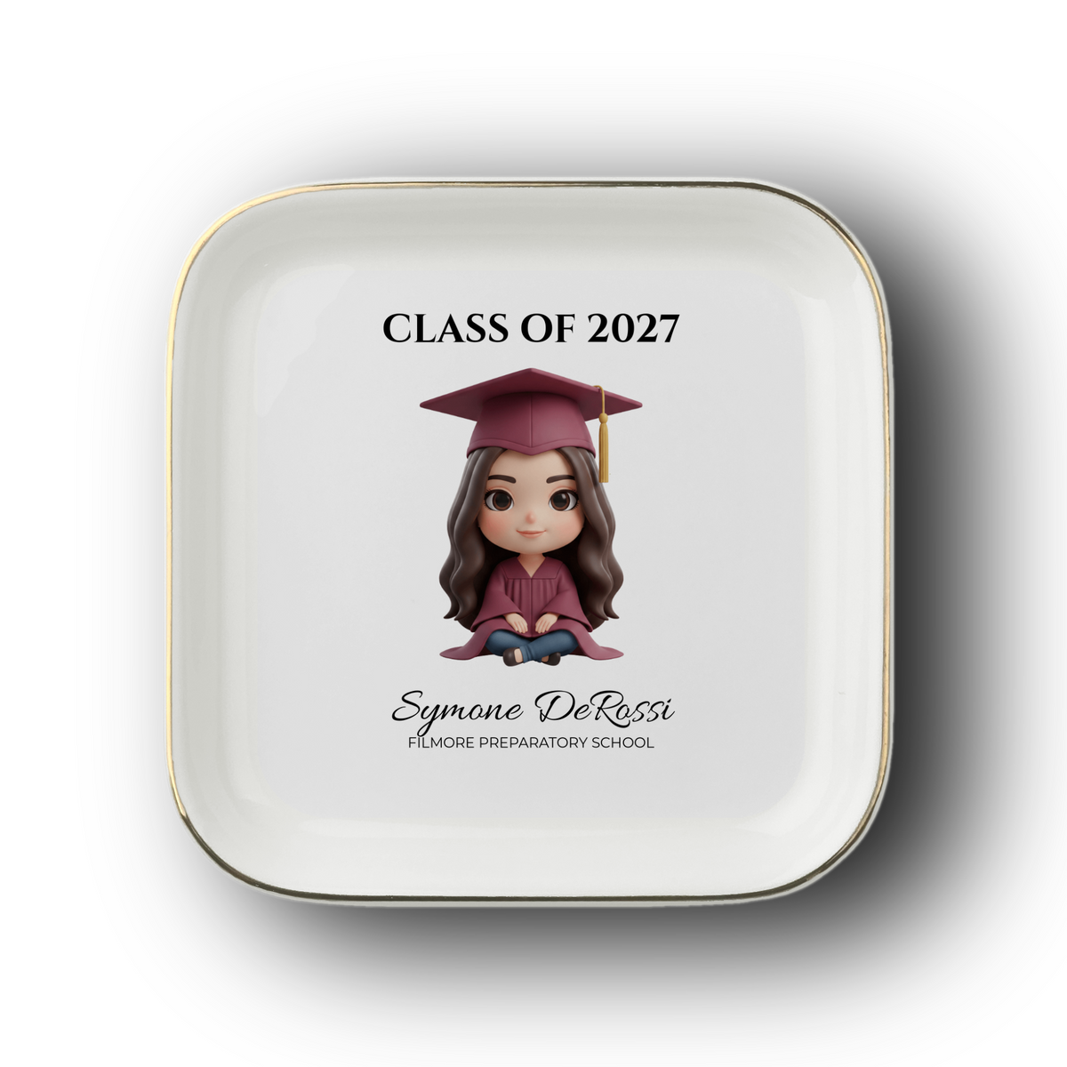 Custom Graduation Ring Dish (Maroon Cap & Gown) | Elegant Ceramic Keepsake Gift for Her