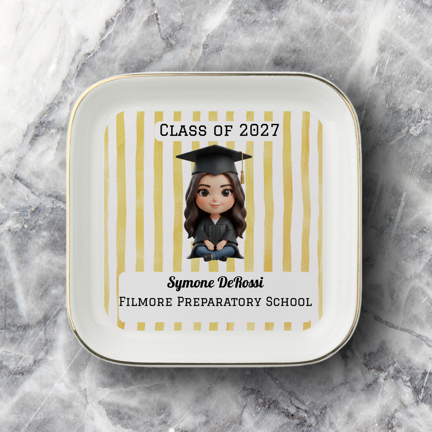 Custom Graduation Ring Dish (Black Cap & Gown) | Elegant Ceramic Keepsake Gift for Her