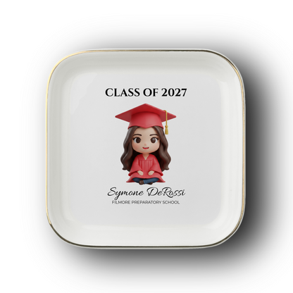 Custom Graduation Ring Dish (Red Cap & Gown) | Elegant Ceramic Keepsake Gift for Her