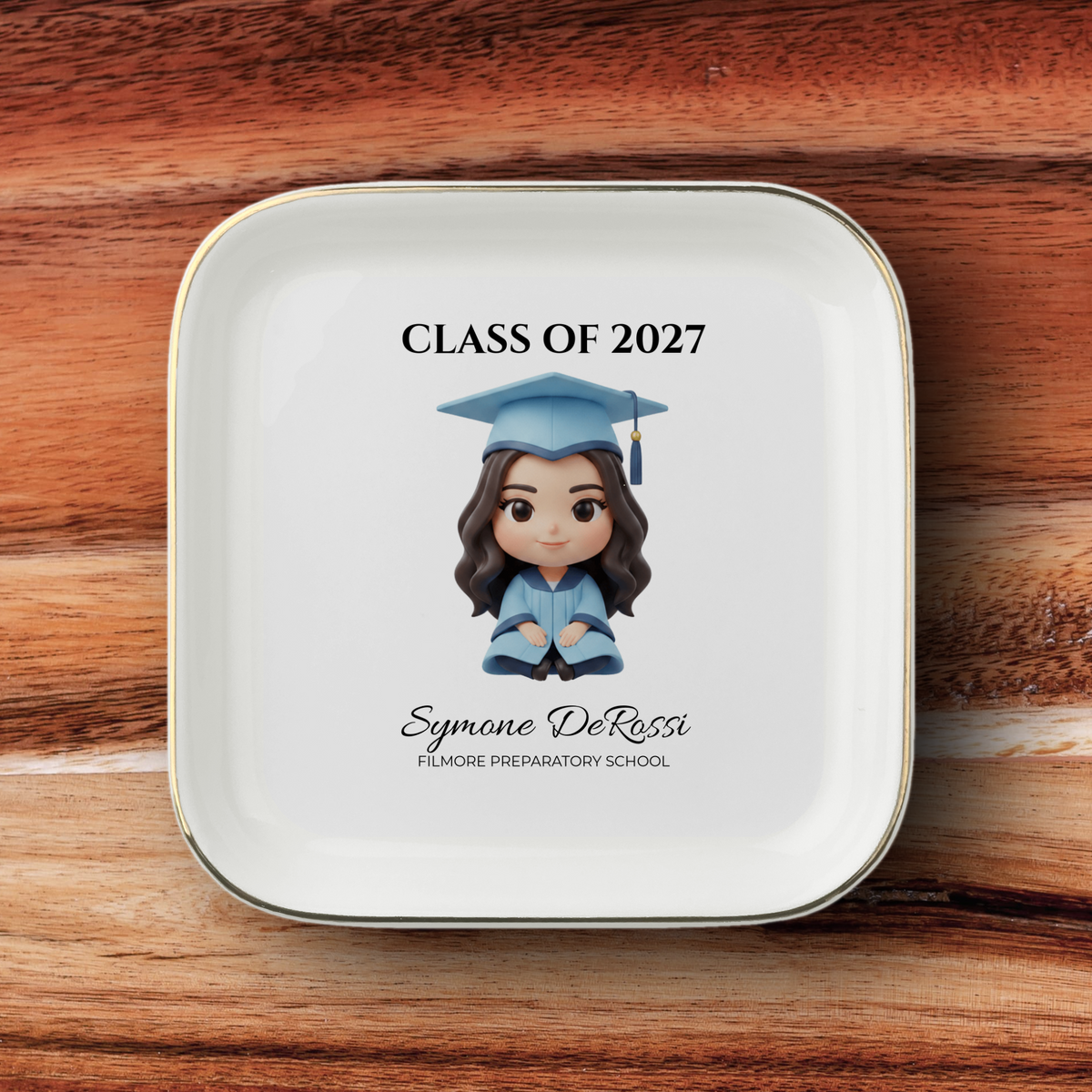 Custom graduation jewelry dish featuring graduate photo transformed into chibi art with sky blue cap and gown
