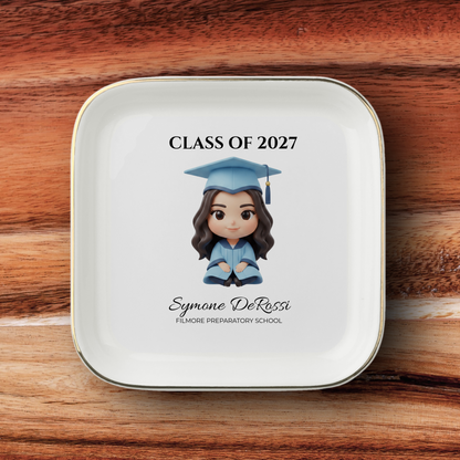 Custom graduation jewelry dish featuring graduate photo transformed into chibi art with sky blue cap and gown