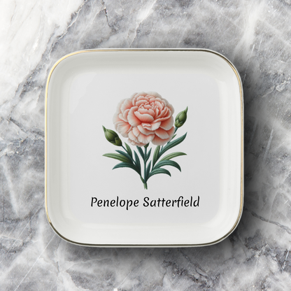 Personalized Birth Month Flower Jewelry Dish | Faux Embroidery Custom Ring Trinket Tray