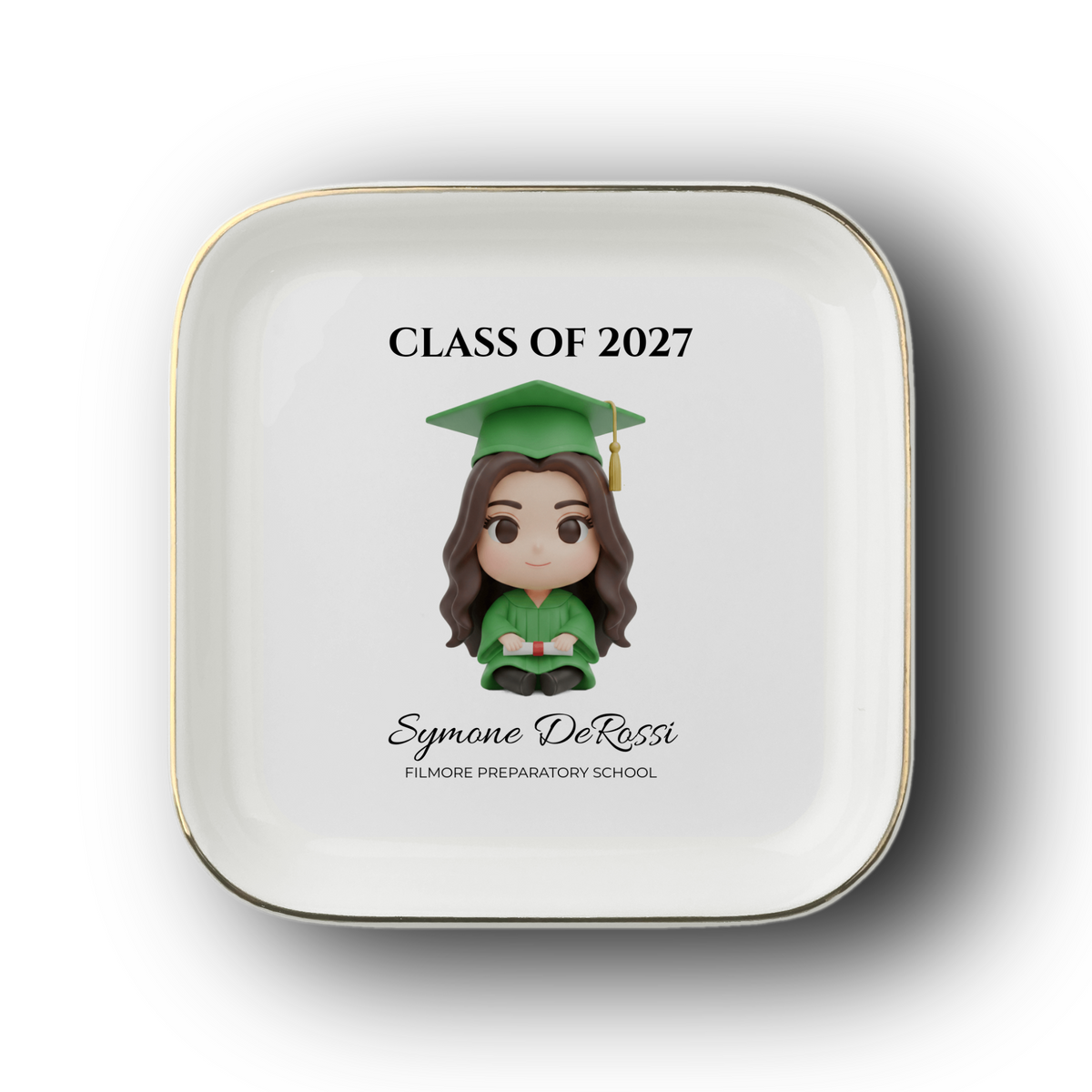 Custom Graduation Ring Dish (Kelly Green Cap & Gown) | Elegant Ceramic Keepsake Gift for Her