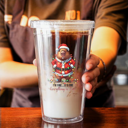 Funny Capybara Christmas Tumbler – “It’s Fine, I’m Fine, Everything’s Fine” 16oz Double Wall Acrylic Cup with Straw | Holiday Gift for Coffee & Cocoa Lovers