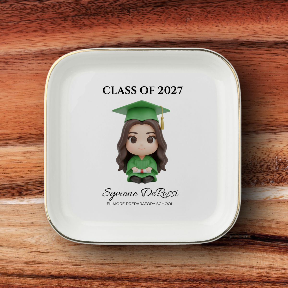 Custom Graduation Ring Dish (Kelly Green Cap & Gown) | Elegant Ceramic Keepsake Gift for Her