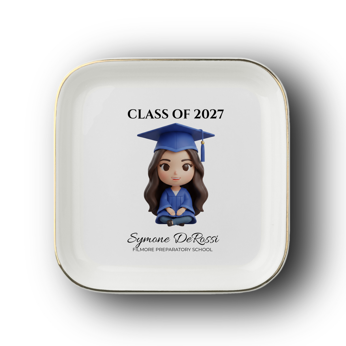Custom Graduation Ring Dish (Royal Blue Cap & Gown) | Elegant Ceramic Keepsake Gift for Her