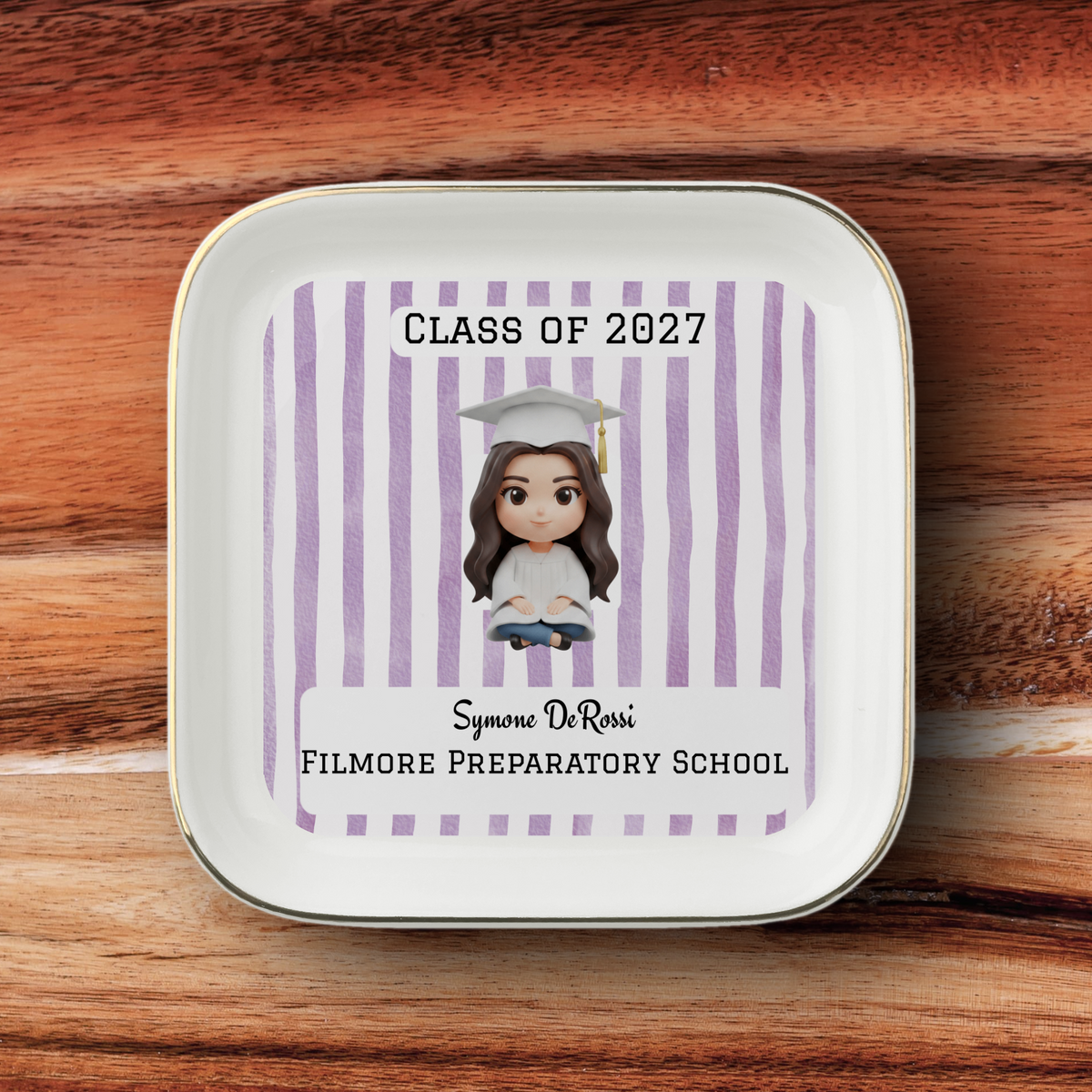 Custom Graduation Ring Dish (White Cap & Gown) | Elegant Ceramic Keepsake Gift for Her