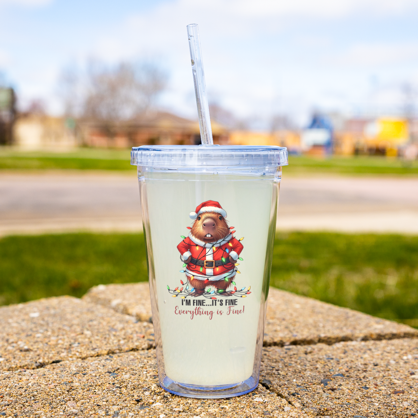 Funny Capybara Christmas Tumbler – “It’s Fine, I’m Fine, Everything’s Fine” 16oz Double Wall Acrylic Cup with Straw | Holiday Gift for Coffee & Cocoa Lovers