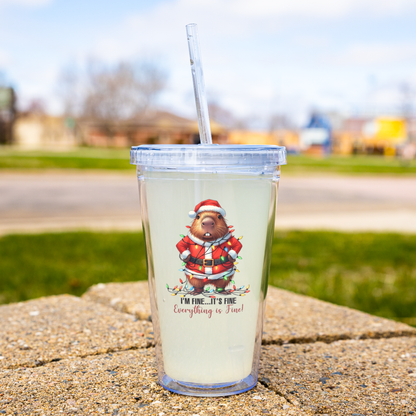 Funny Capybara Christmas Tumbler – “It’s Fine, I’m Fine, Everything’s Fine” 16oz Double Wall Acrylic Cup with Straw | Holiday Gift for Coffee & Cocoa Lovers