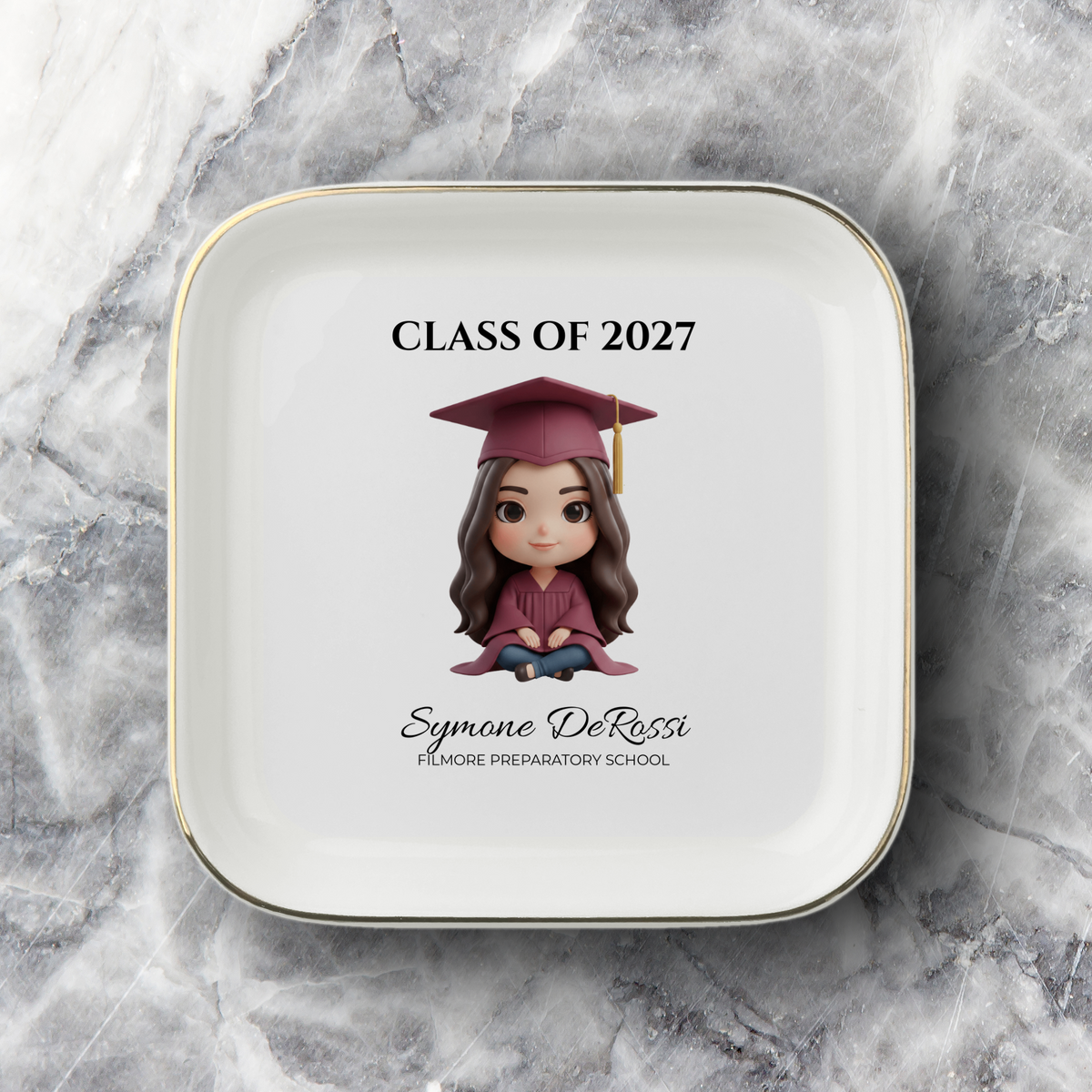 Custom Graduation Ring Dish (Maroon Cap & Gown) | Elegant Ceramic Keepsake Gift for Her