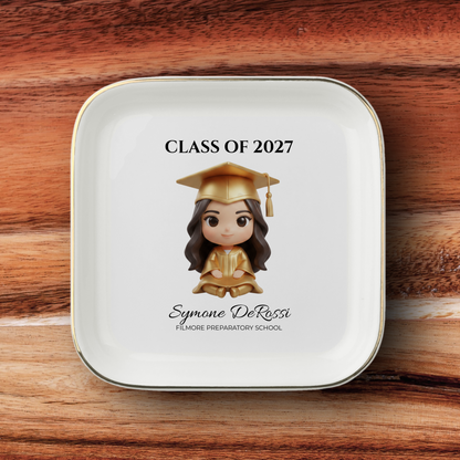 Custom graduation jewelry dish featuring graduate photo transformed into chibi art with gold cap and gown