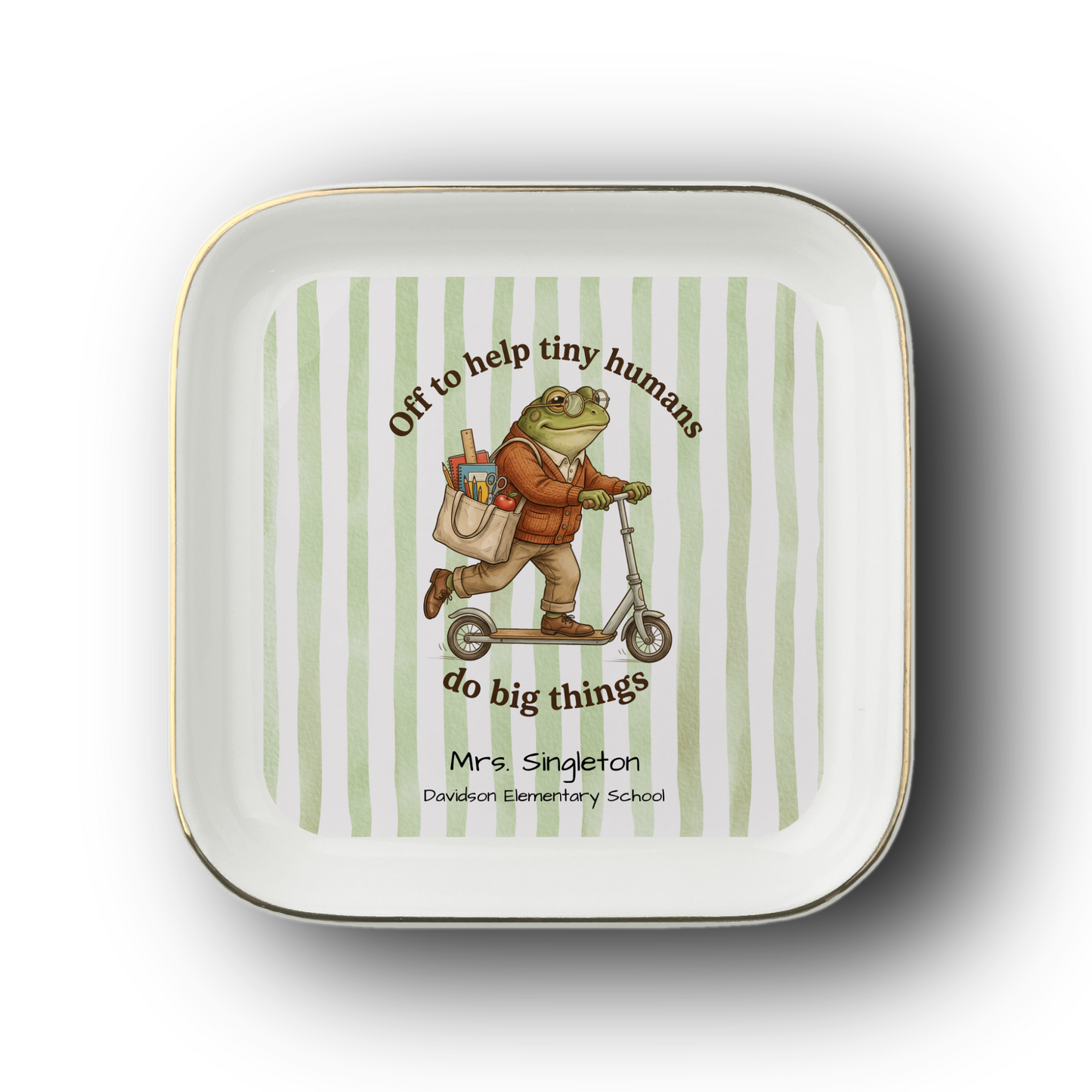 Viral Scooter Frog Teacher Appreciation Gift | Personalized Gold-Trimmed Ceramic Ring Dish